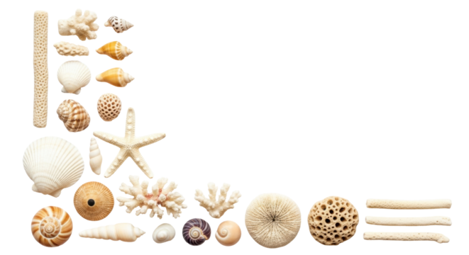 Isolated assortment of beautiful seashells and coral pieces, collection of natural objects