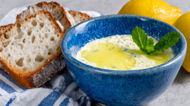 Creamy tzatziki swirls in a cobalt bowl, harmonized with lemon zest, ideal for celebrating Greek Easter or Tzatziki Thursday