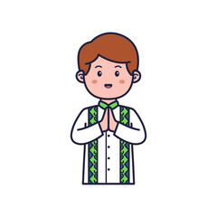 Smiling Cartoon Boy with Brown Hair in White and Green Traditional Clothing on Transparent Background