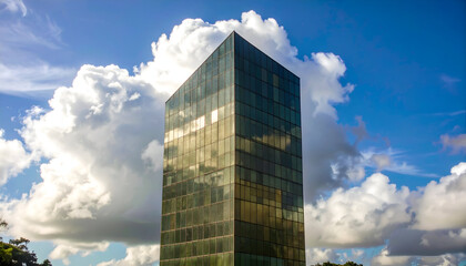 Fototapeta premium A tall, modern skyscraper with a reflective glass facade stands against a bright blue sky and fluffy white clouds.