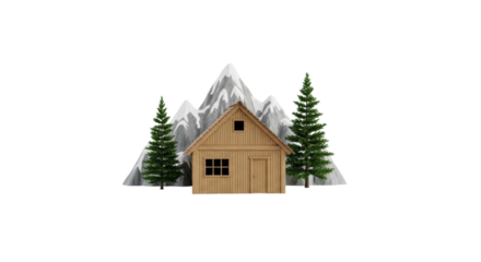 Isolated cabin with mountains and trees in background, rustic chalet for alpine vacation