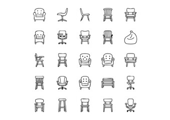 Chair Icons Collection: 25 Unique Black & White Vector Designs, Vector Chair Furniture: Thick Line Drawing Icon Set, Monochrome Seating: 25 Detailed Outline Chair Icons