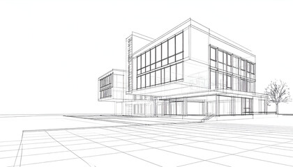 Architectural line drawing of a modern building in a 3D perspective view.
