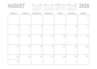 August Calendar 2026 Monthly Planner Printable A4 Monday Start	