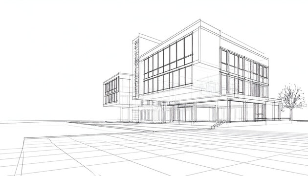 Architectural line drawing of a modern building in a 3D perspective view.