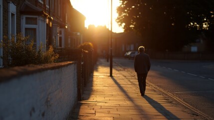 A solitary elderly Caucasian man strolls through a sunlit street during golden hour, embodying quiet contemplation and World Walking Day