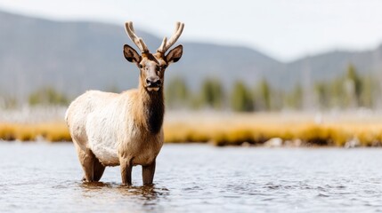 Majestic elk wading in crisp autumn waters, embodying tranquility and renewal, perfect for showcasing Autumn Equinox or Wildlife Day