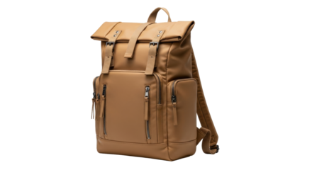 Isolated tan-colored backpack, ideal for urban style, travel, commute, or daily essentials