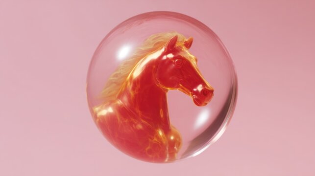 A fiery equine spirit encapsulated in shimmering orb evokes Imbolc renewal and Mid-Autumn cosmic balance, surreal equestrian charm