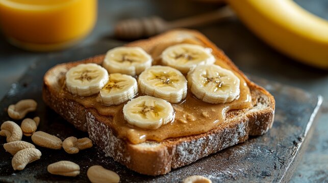 Slices of whole-grain toast spread with peanut butter and banana are on a dark slate surface with nuts - Powered by Adobe