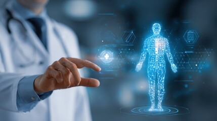 Doctor diagnose digital patient record on virtual medical network on Computing electronic medical record. Digital healthcare and network connection interface, Global health care. Medical technology.