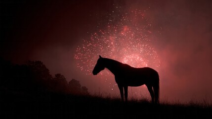 A solitary horse silhouetted against crimson fireworks evokes Lunar New Year magic, bridging pastoral tranquility with celestial celebration