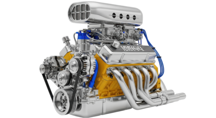 Isolated performance car engine assembly with chrome components and yellow block, power source