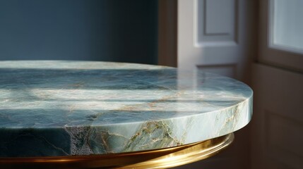 Elegant azure marble table, bathed in morning light, evokes ancient Roman festivals and timeless artisanal craftsmanship