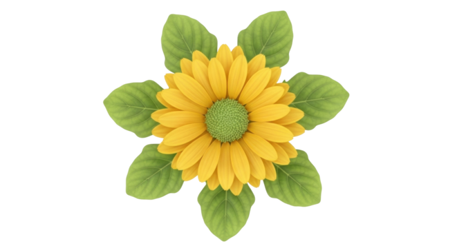 Isolated blossom of yellow sunflower with fresh green leaves and round center disk