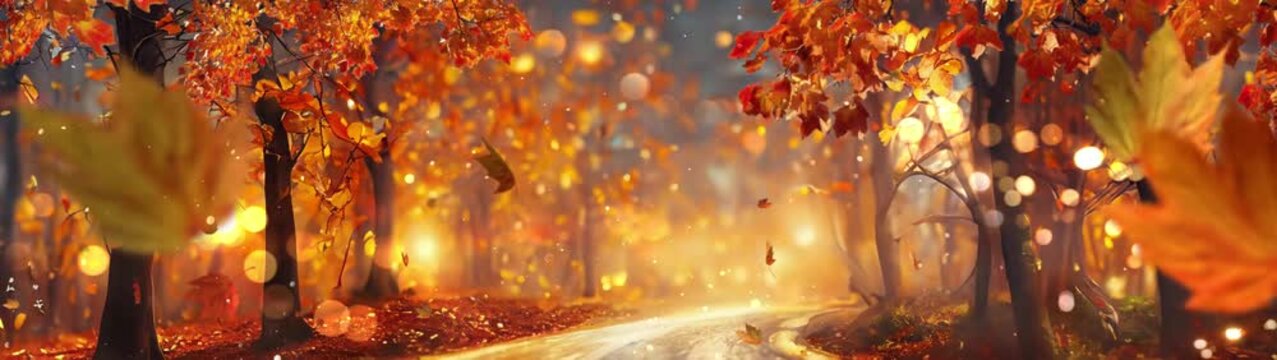 Romantic Autumn Forest Road, Golden Fall Season