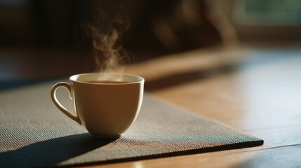 Steaming ceramic mug on sunlit yoga mat, invoking Hygge coziness, early morning meditation, Zen tranquility, mindful reprieve