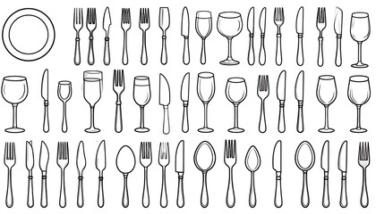 A collection of various dining tools, including plates, forks, knives, spoons, and stemware