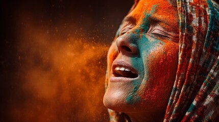 A woman's joyful face is covered in vibrant orange and teal Holi festival powder.