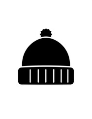 Fototapeta premium A black and white illustration of a winter beanie hat with a folded brim and a small pom-pom on top. The hat is shown in a minimalist style against a white background