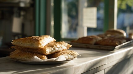 Golden, flaky pastries bask in morning light, evoking cozy cafe mornings, indulgent brunches, and savory delights like Bougatsa Day