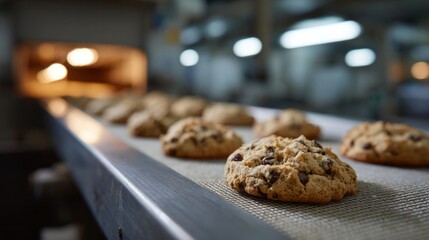 Freshly baked chocolate chip cookies parade on a conveyor, evoking National Cookie Day and comforting Hygge moments