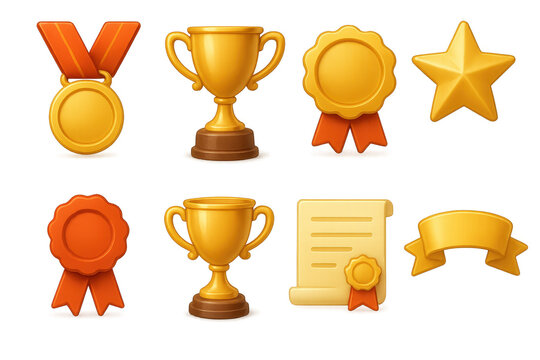 Gold and bronze awards: medals, trophies, badges, and certificates