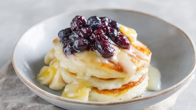 Fluffy pancakes adorned with tangy blueberries and syrup cascade, perfect for Pancake Day and midsummer morning feasts