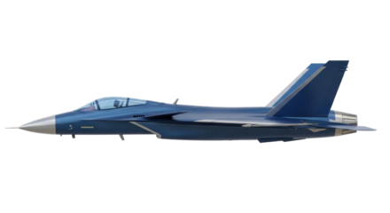 Isolated blue fighter jet in flight high angle right, with silver nose cone and wing tips
