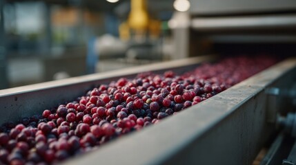 Fototapeta premium Cranberries journey along a metallic river, echoing cranberry sauce dreams and Thanksgiving whispers, industrial nostalgia in autumn hues