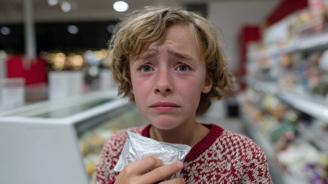 Curious child with disheveled curls clasps cereal box, eyes wide as cosmic Christmas unfolds in bustling supermarket