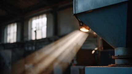 Obraz premium Dust-dappled sunlight illuminates an abandoned factory corner, weaving industrial nostalgia with shadows of Labor Day reverie