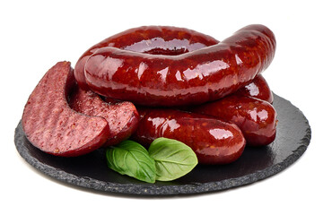 Smoked Sausages on Slate with Basil, isolated on white background