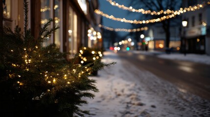 Twinkling fairy lights adorn snow-dusted streets, evoking festive yuletide coziness and Nordic winter solstice enchantment