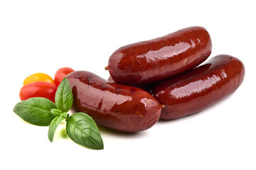 Smoked pork sausages with Tomatoes, Basil, isolated on white background
