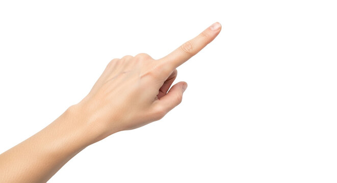 Isolated human hand pointing or touching an invisible object, on neutral background