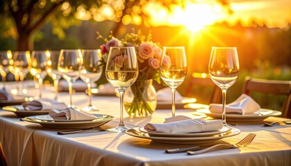 Elegant wedding dinner setting with luxury tablecloth, wine glasses, plates, and a decorative napkin for a celebration banquet