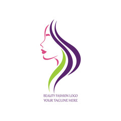 Modern Beauty and Fashion Logo with Elegant Woman Silhouette and Flowing Hair in Purple and Green on White Background