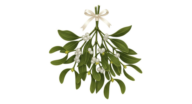 Isolated hanging mistletoe with ribbon, decorative floral christmas winter decoration