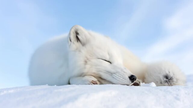 Arctic Fox Sleeping Peacefully on Snowy Ground Under a Blue Sky.