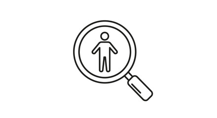 Simple black and white line drawing of a person inside a magnifying glass, suggesting search.