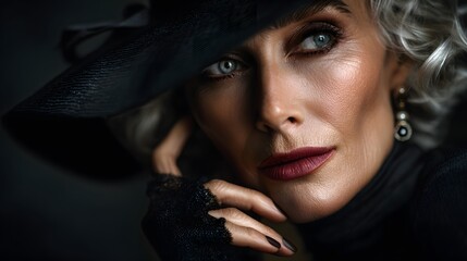Obraz premium Graceful mature woman with silver hair in elegant black attire posing confidently — perfect for beauty editorials, age-positive campaigns