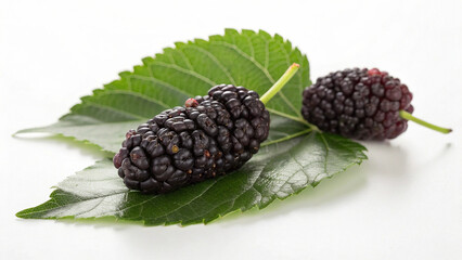 Two fresh ripe mulberries with green leaves isolated on white background, a delicious and healthy summer fruit, close up