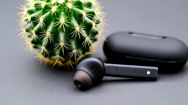 Earbuds and case beside a spiky cactus on a gray surface; studio shot