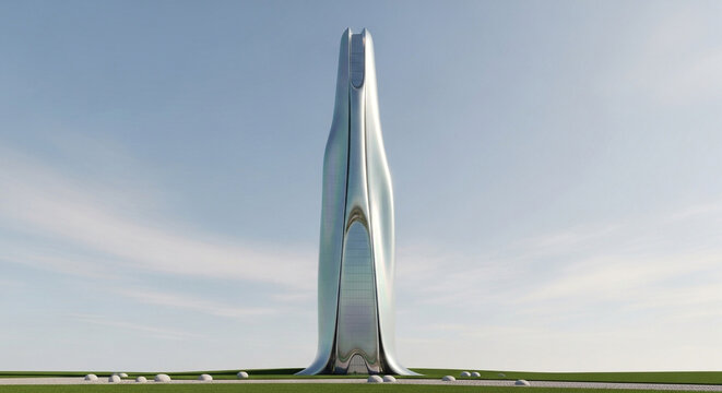 Futuristic architectural marvel a sleek, modern skyscraper with a unique, flowing design, set against a clear blue sky, showcasing innovative building technology and urban development - Powered by Adobe