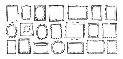 Doodle frames. Line square and circle photo border, vintage hand drawn simple picture frame. Sketch scrapbook and photo album gallery decoration. Vector isolated set