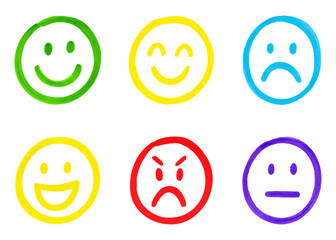 Hand Drawn Color Marker Emoji Face. Bright Emotional Expression Set