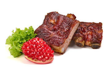 Barbecue Ribs with Pomegranate and Lettuce, isolated on white background