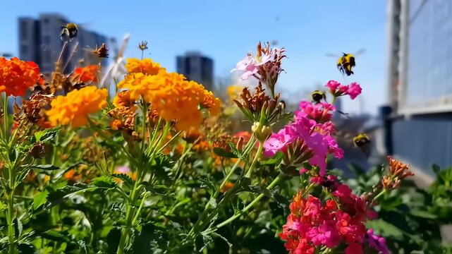 Colorful flowers in full bloom with bumblebees buzzing around under a clear, bright blue sky