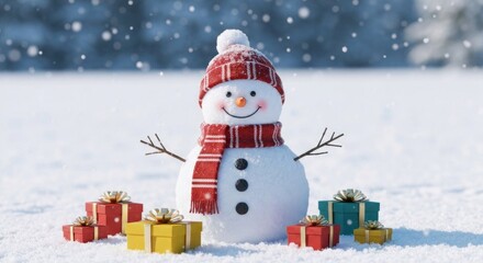 Naklejka premium Snowman with red striped hat, scarf, and gifts on a snowy field